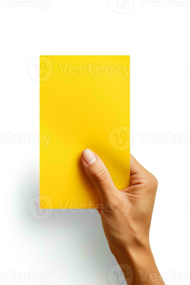 A human hand holding a blank sheet of yellow paper or card isolated on white background. ai generated photo