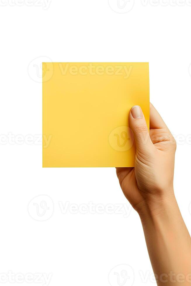 A human hand holding a blank sheet of yellow paper or card isolated on white background. ai generated photo