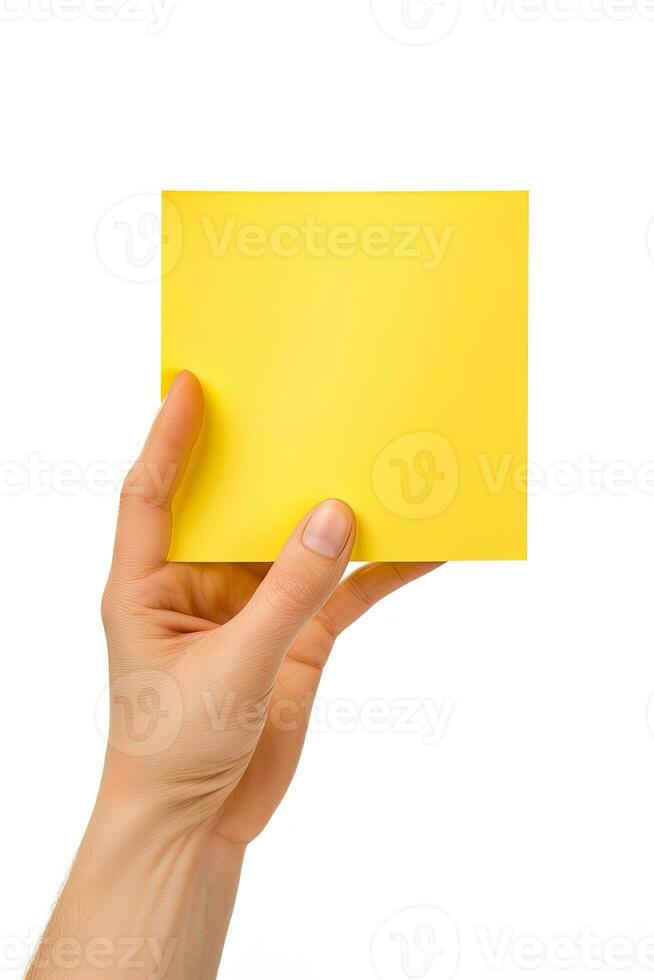 A human hand holding a blank sheet of yellow paper or card isolated on white background. ai generated photo