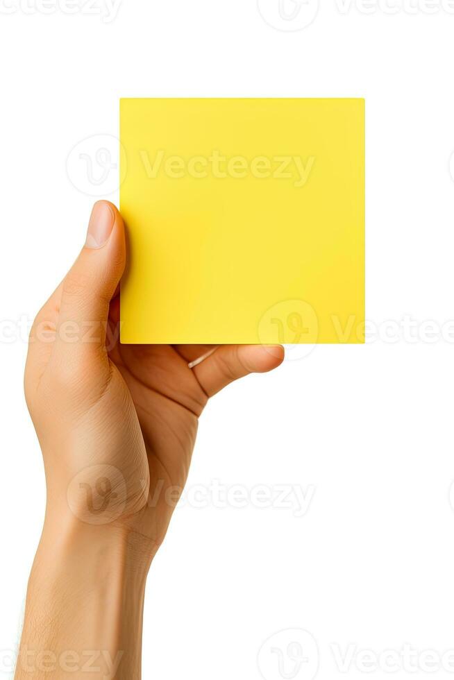 A human hand holding a blank sheet of yellow paper or card isolated on white background. ai generated photo