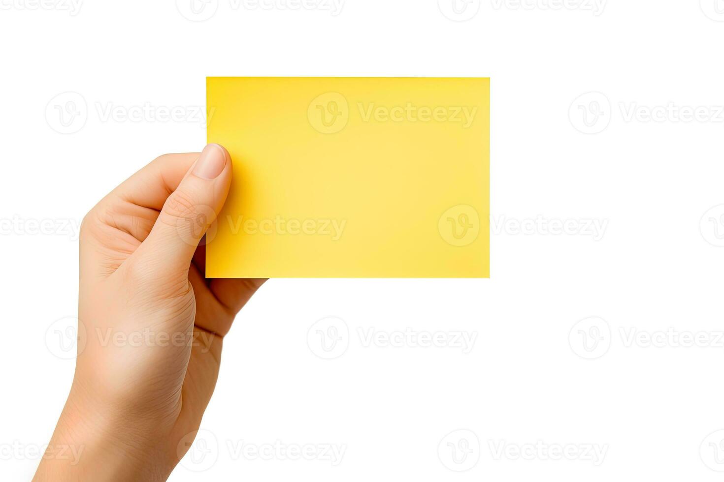 A human hand holding a blank sheet of yellow paper or card isolated on white background. ai generated photo