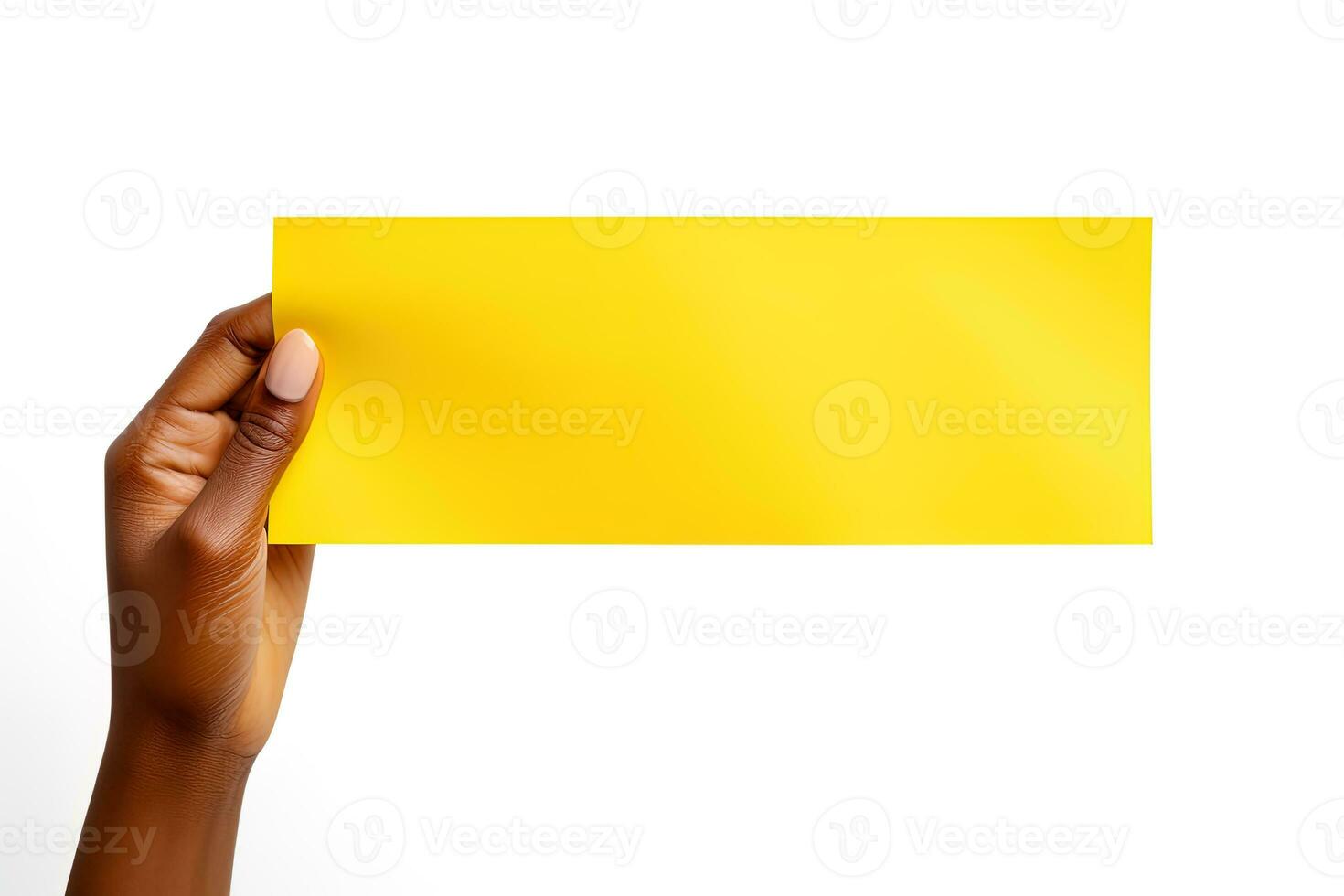 A human hand holding a blank sheet of yellow paper or card isolated on white background. ai generated photo