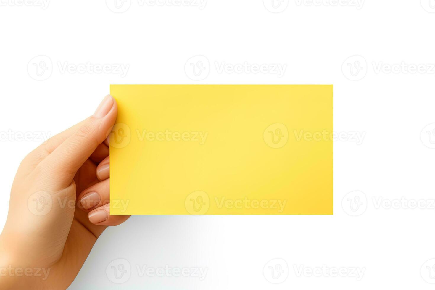 A human hand holding a blank sheet of yellow paper or card isolated on white background. ai generated photo