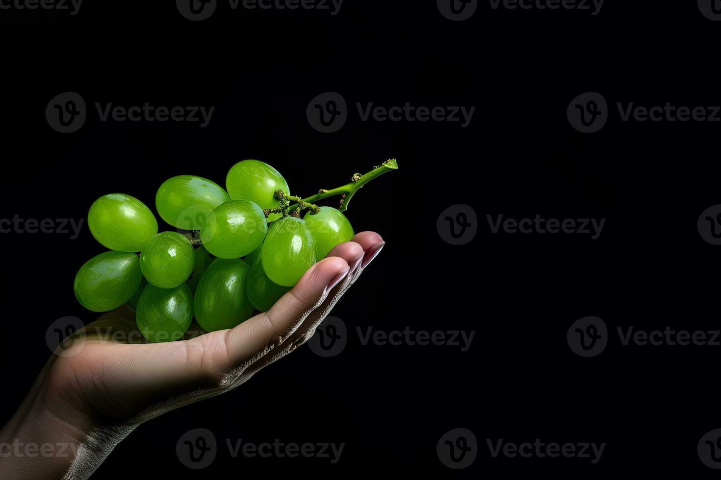 Hand holding green grapes bunch isolated on black background with copy space. ai generated photo