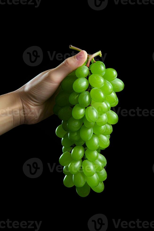 Hand holding green grapes bunch isolated on black background. ai generated photo