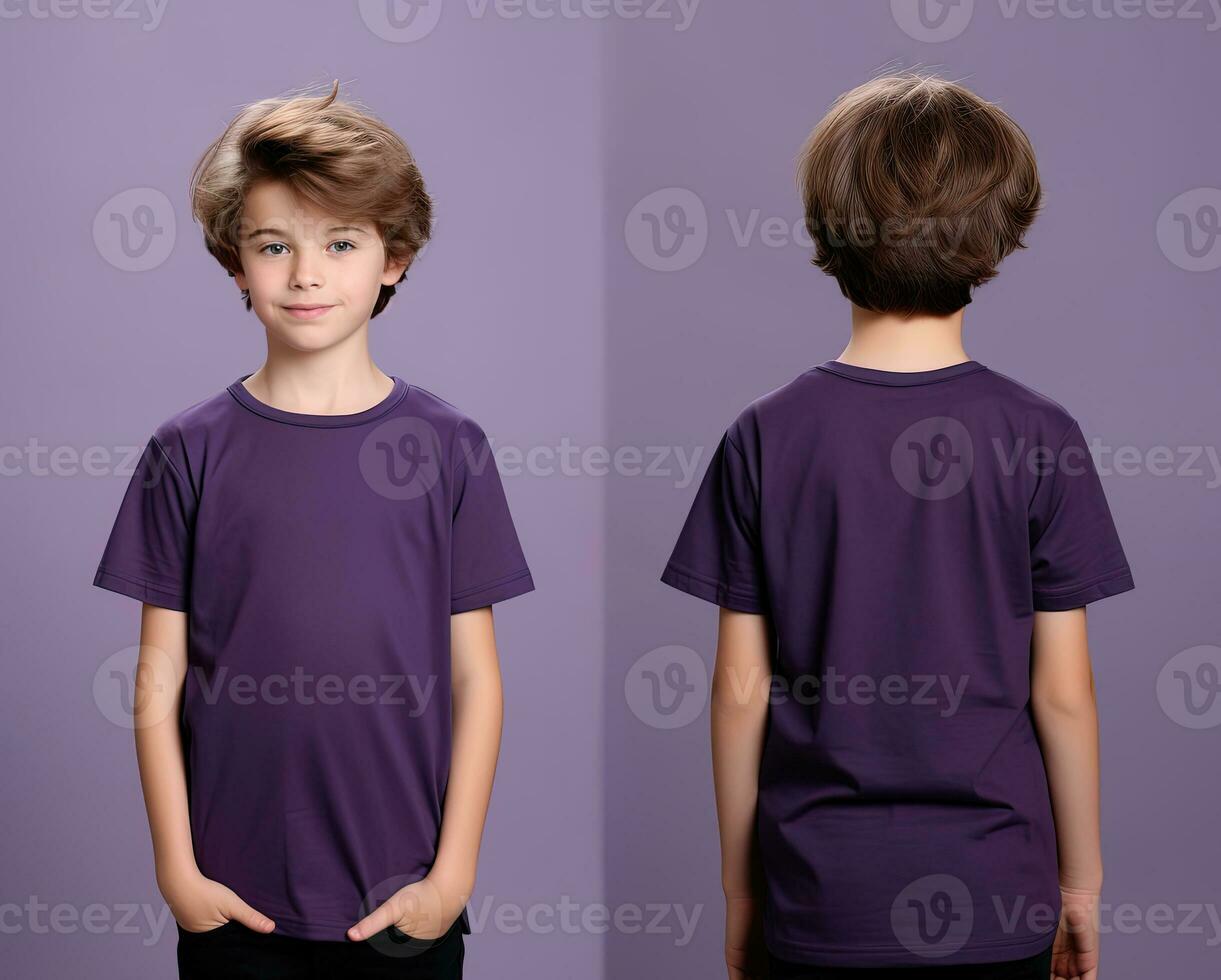 Front and back views of a little boy wearing a purple T-shirt. ai generated photo