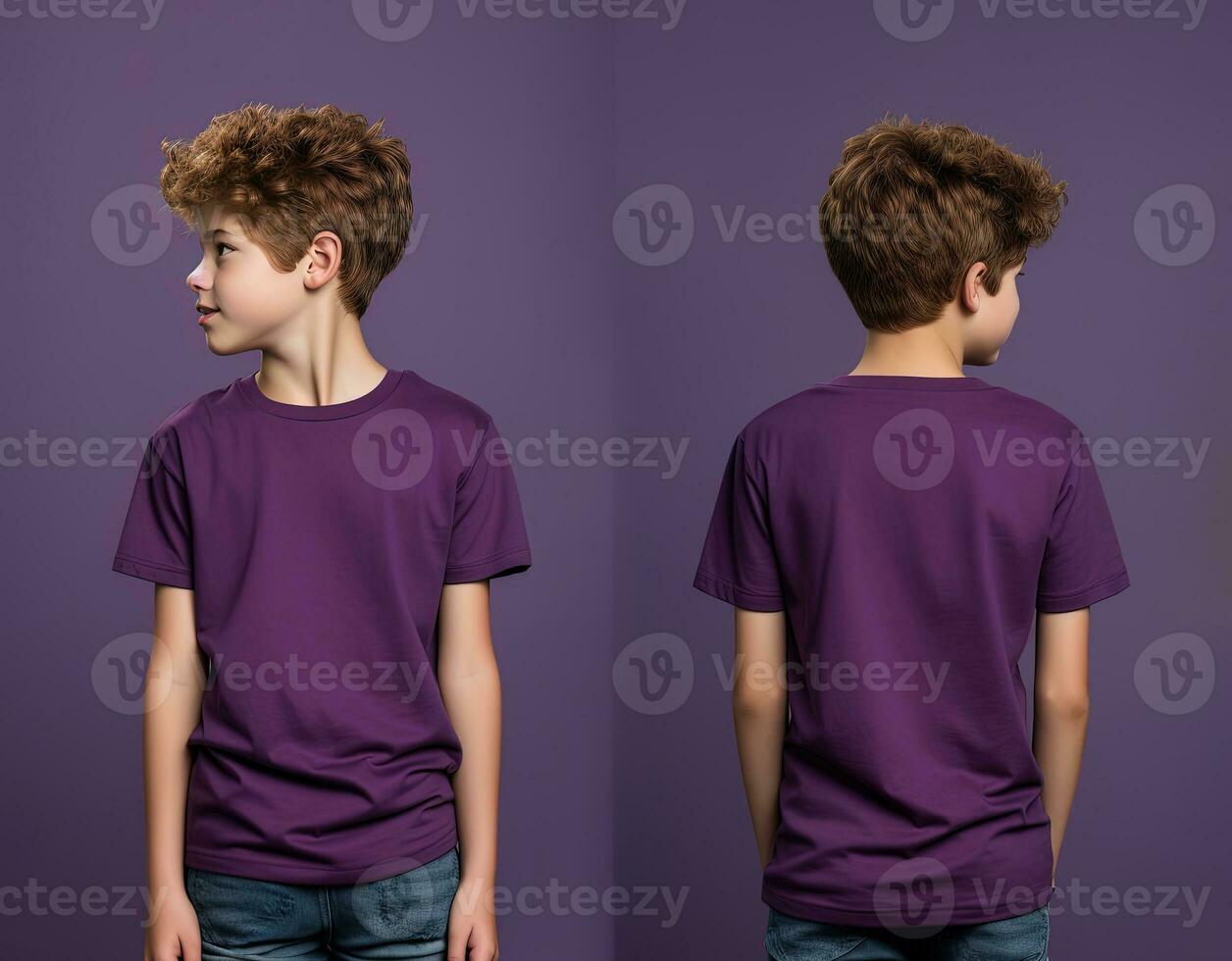 Front and back views of a little boy wearing a purple T-shirt. ai generated photo