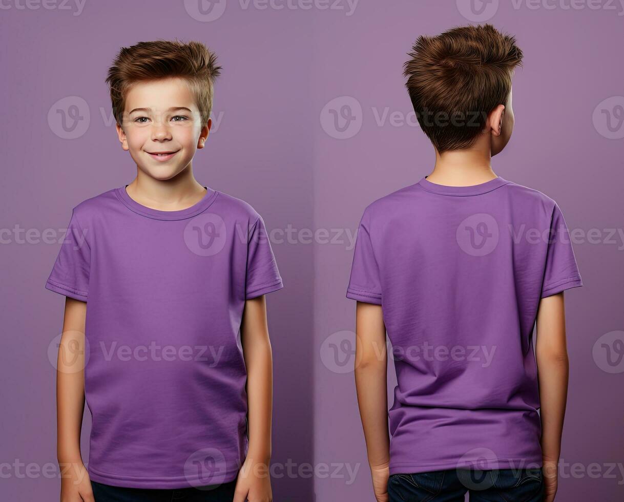 Front and back views of a little boy wearing a purple T-shirt. ai generated photo