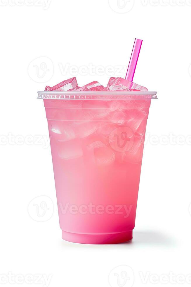 Pink drink in plastic cup isolated on white background. Take away drinks concept. ai generated photo