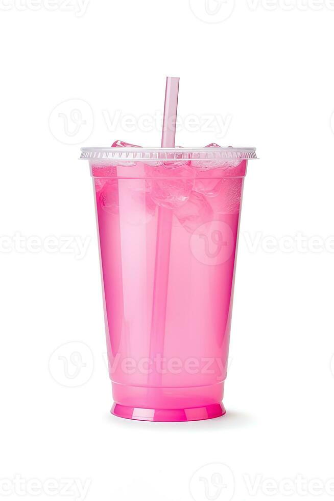 Pink drink in plastic cup isolated on white background. Take away drinks concept. ai generated photo