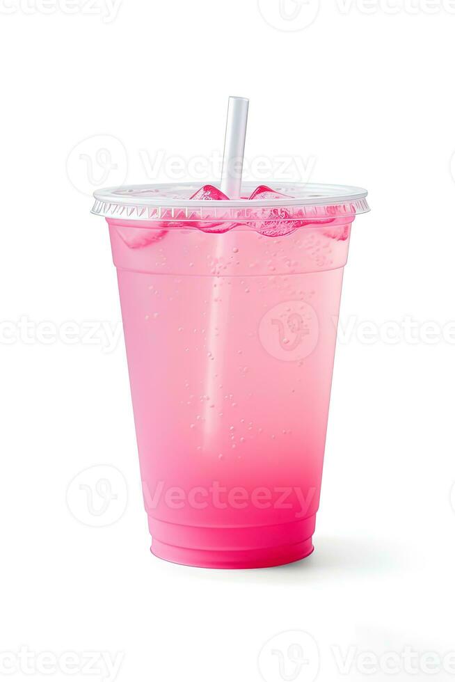 Pink drink in plastic cup isolated on white background. Take away drinks concept. ai generated photo