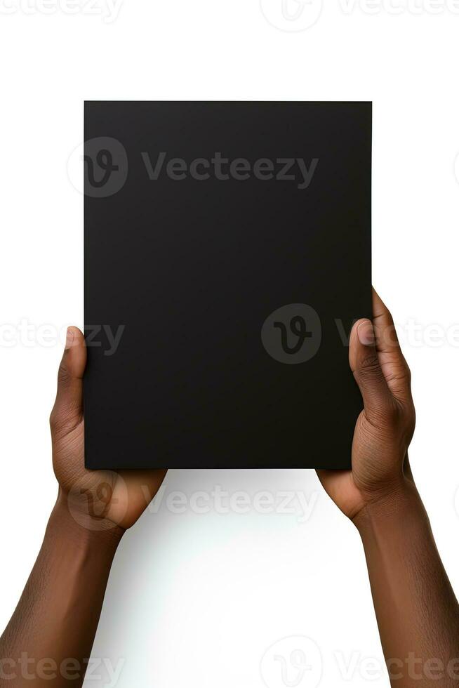 A human hand holding a blank sheet of black paper or card isolated on white background. ai generated photo