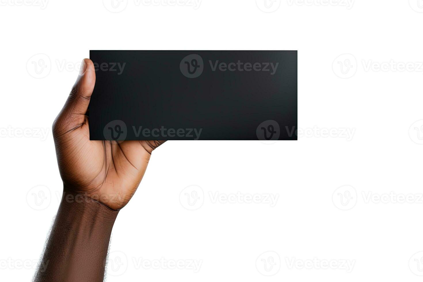A human hand holding a blank sheet of black paper or card isolated on white background. ai generated photo