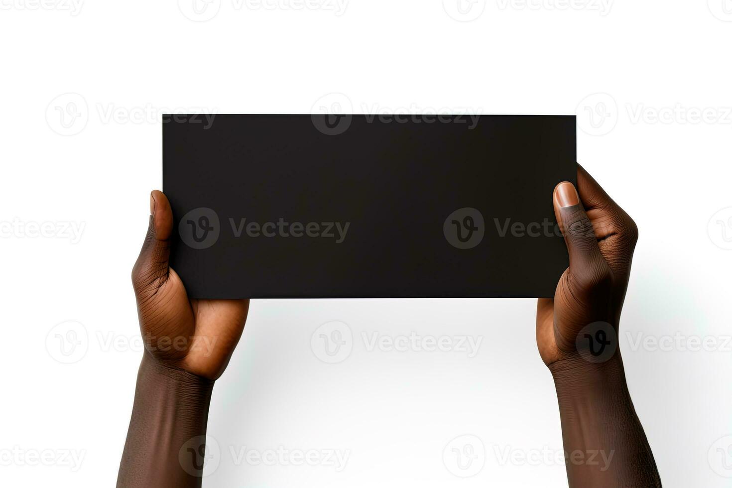A human hand holding a blank sheet of black paper or card isolated on white background. ai generated photo