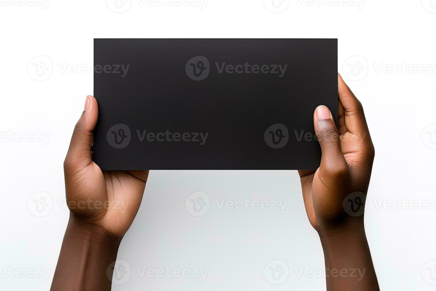 A human hand holding a blank sheet of black paper or card isolated on white background. ai generated photo