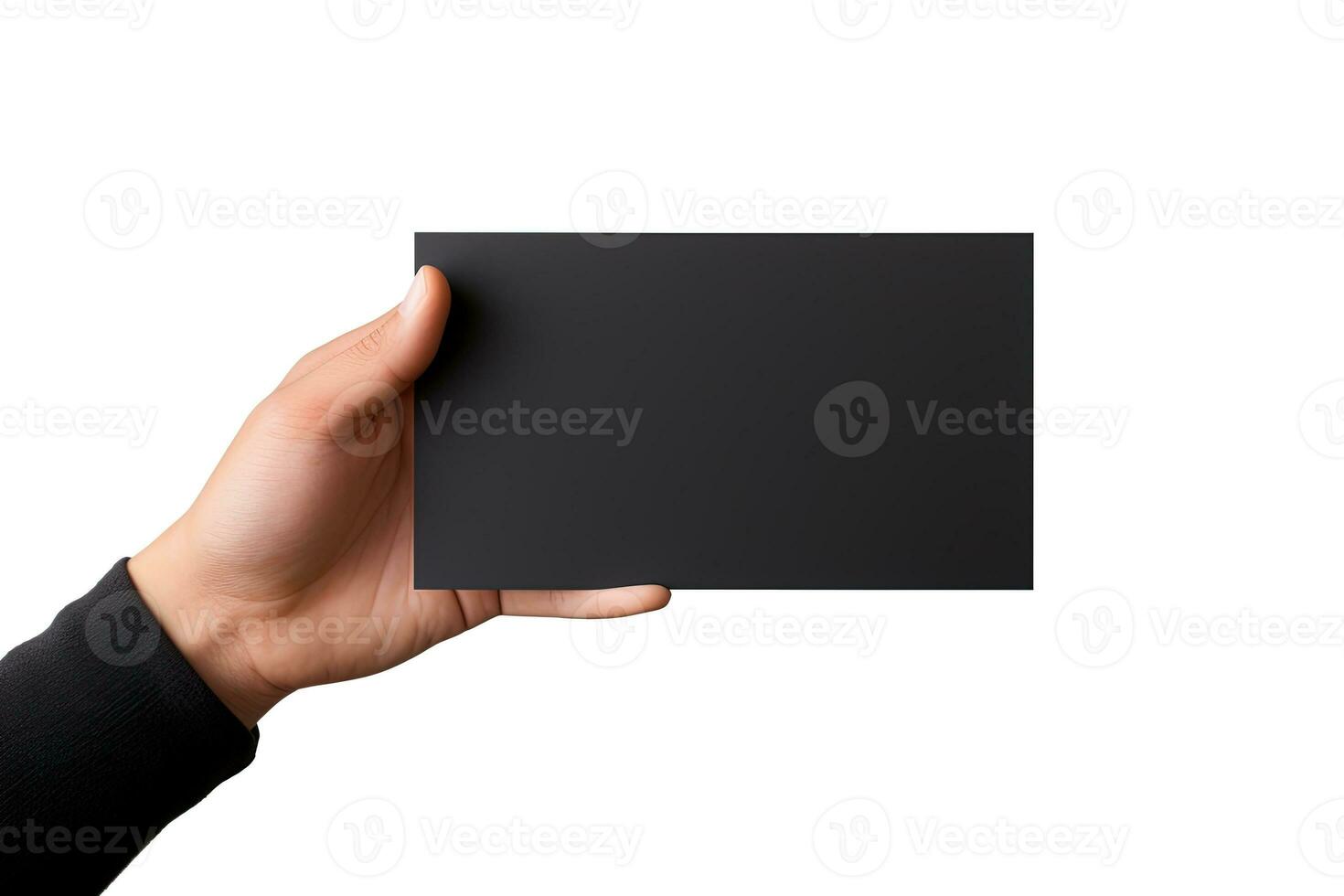 A human hand holding a blank sheet of black paper or card isolated on white background. ai generated photo