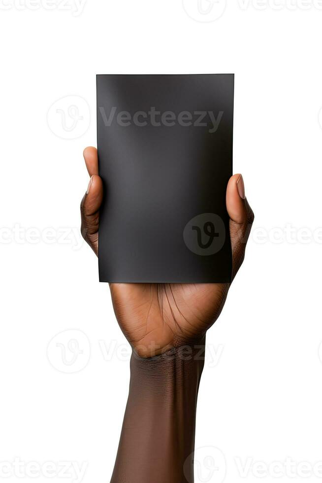 A human hand holding a blank sheet of black paper or card isolated on white background. ai generated photo