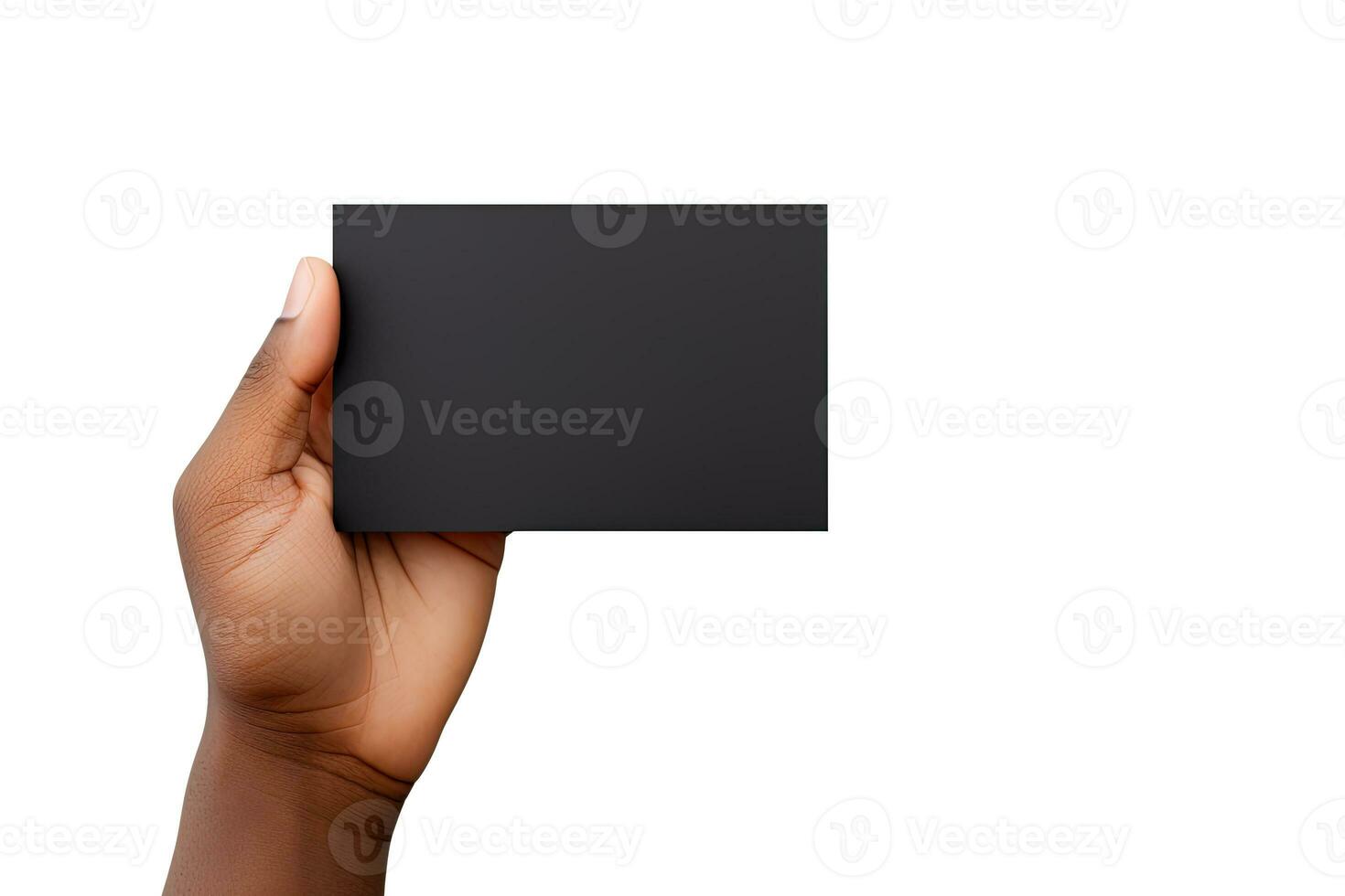 A human hand holding a blank sheet of black paper or card isolated on white background. ai generated photo