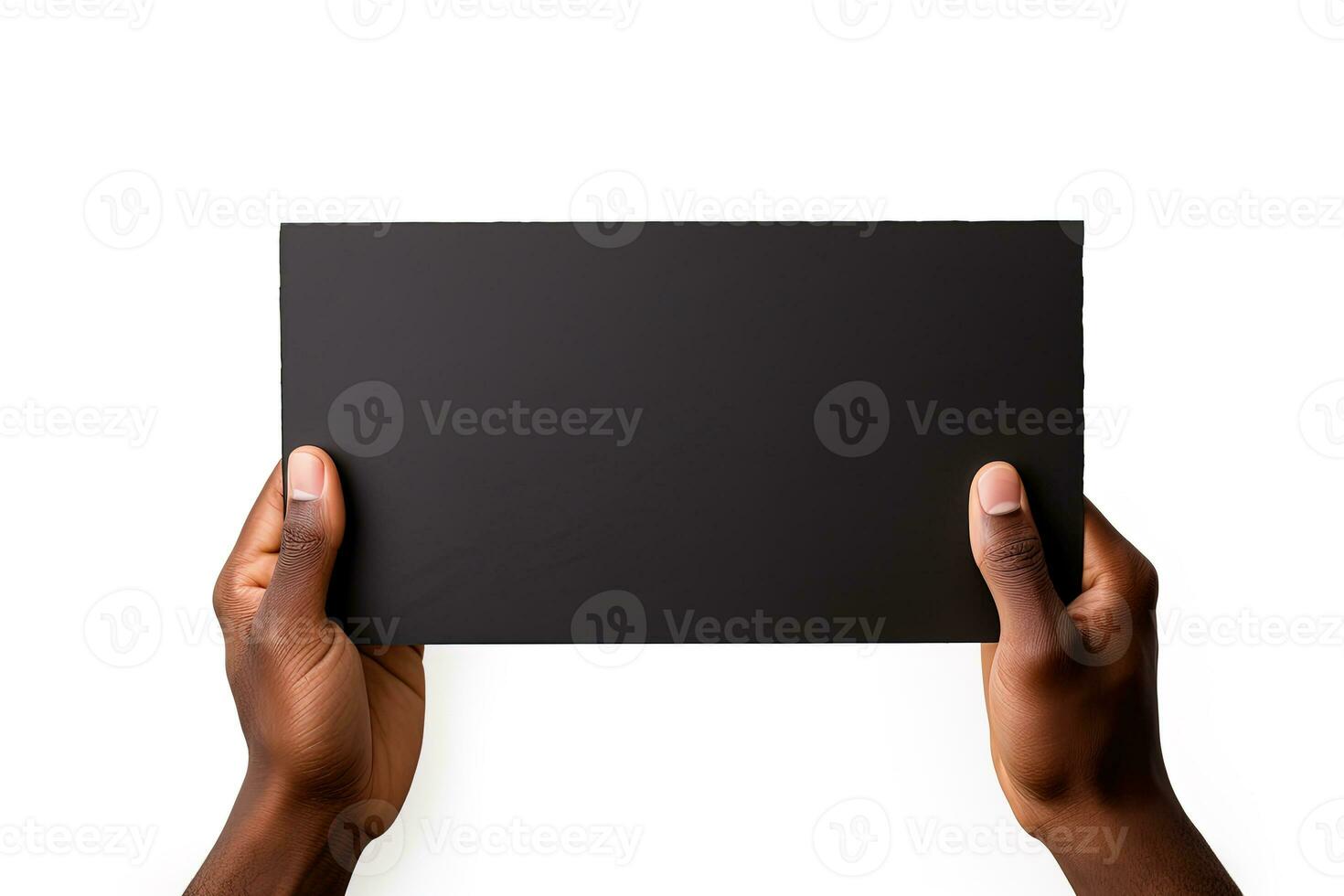 A human hand holding a blank sheet of black paper or card isolated on white background. ai generated photo