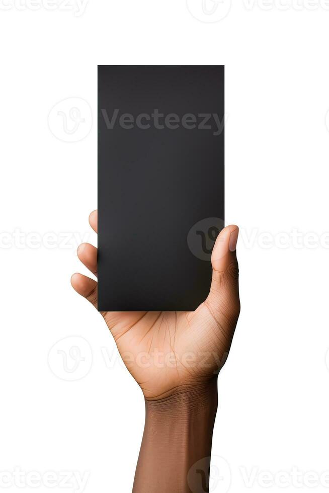 A human hand holding a blank sheet of black paper or card isolated on white background. ai generated photo