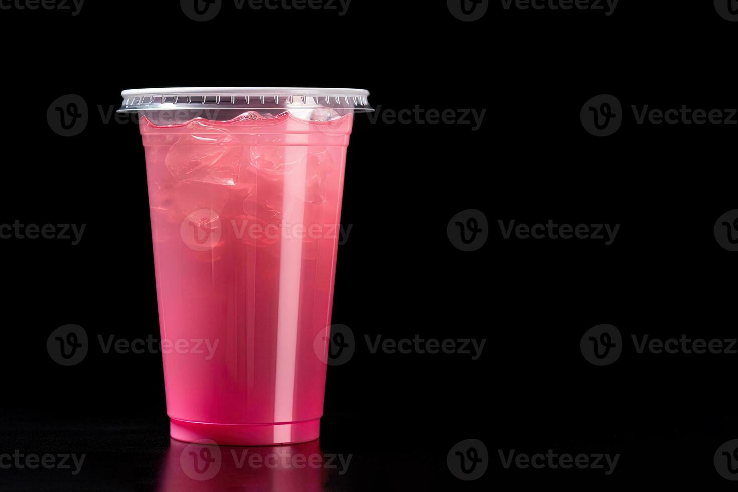 Pink drink in plastic cup isolated on black background. Take away drinks concept with copy space. ai generated photo