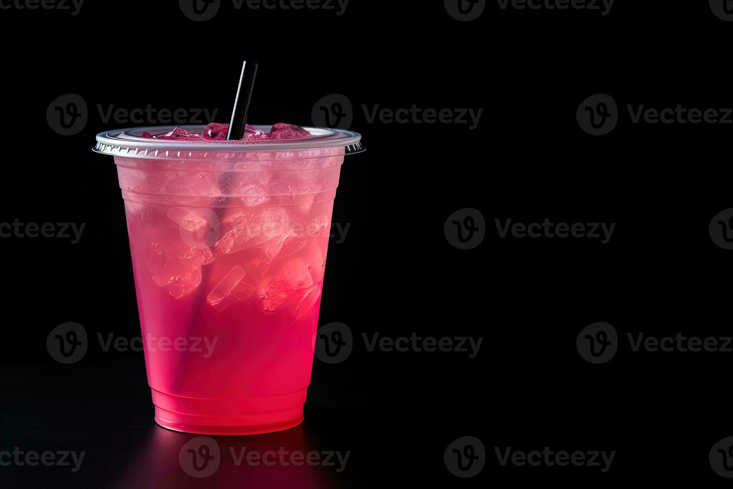rosado bebida en el plastico taza aislado en negro antecedentes. tomar lejos bebidas concepto con Copiar espacio. ai generado foto