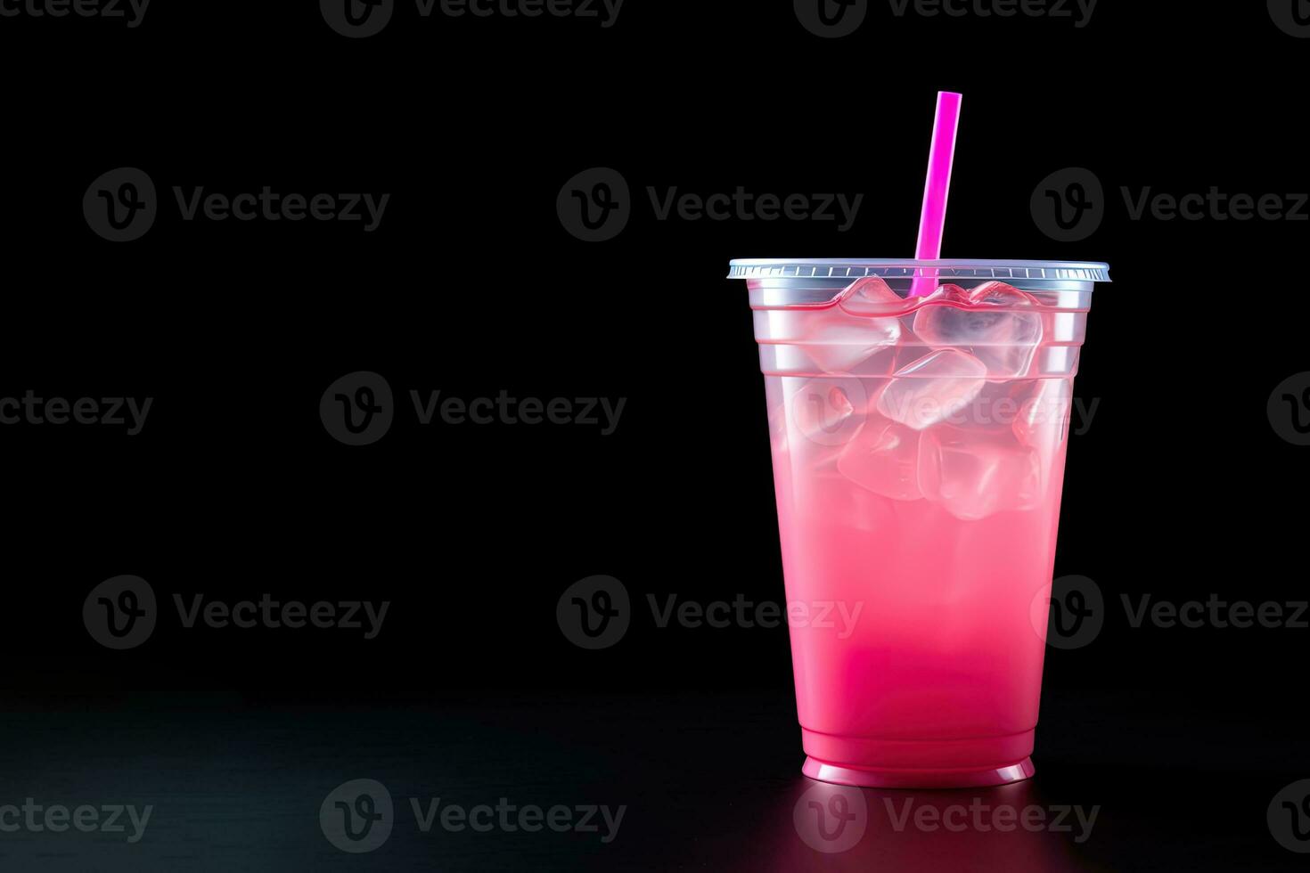 Pink drink in plastic cup isolated on black background. Take away drinks concept with copy space. ai generated photo