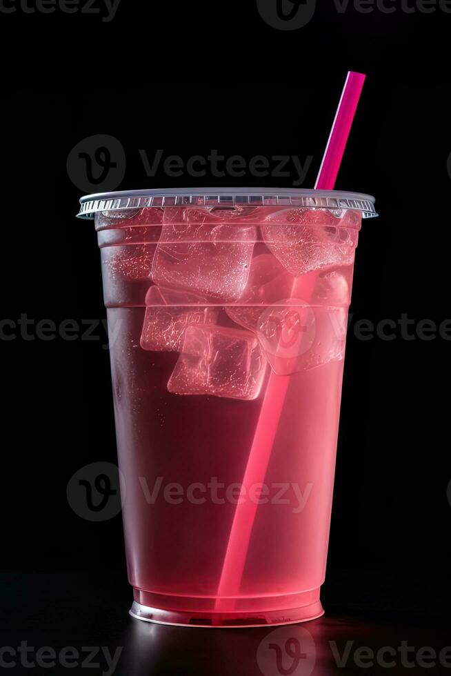 Pink drink in plastic cup isolated on black background. Take away drinks concept. ai generated photo