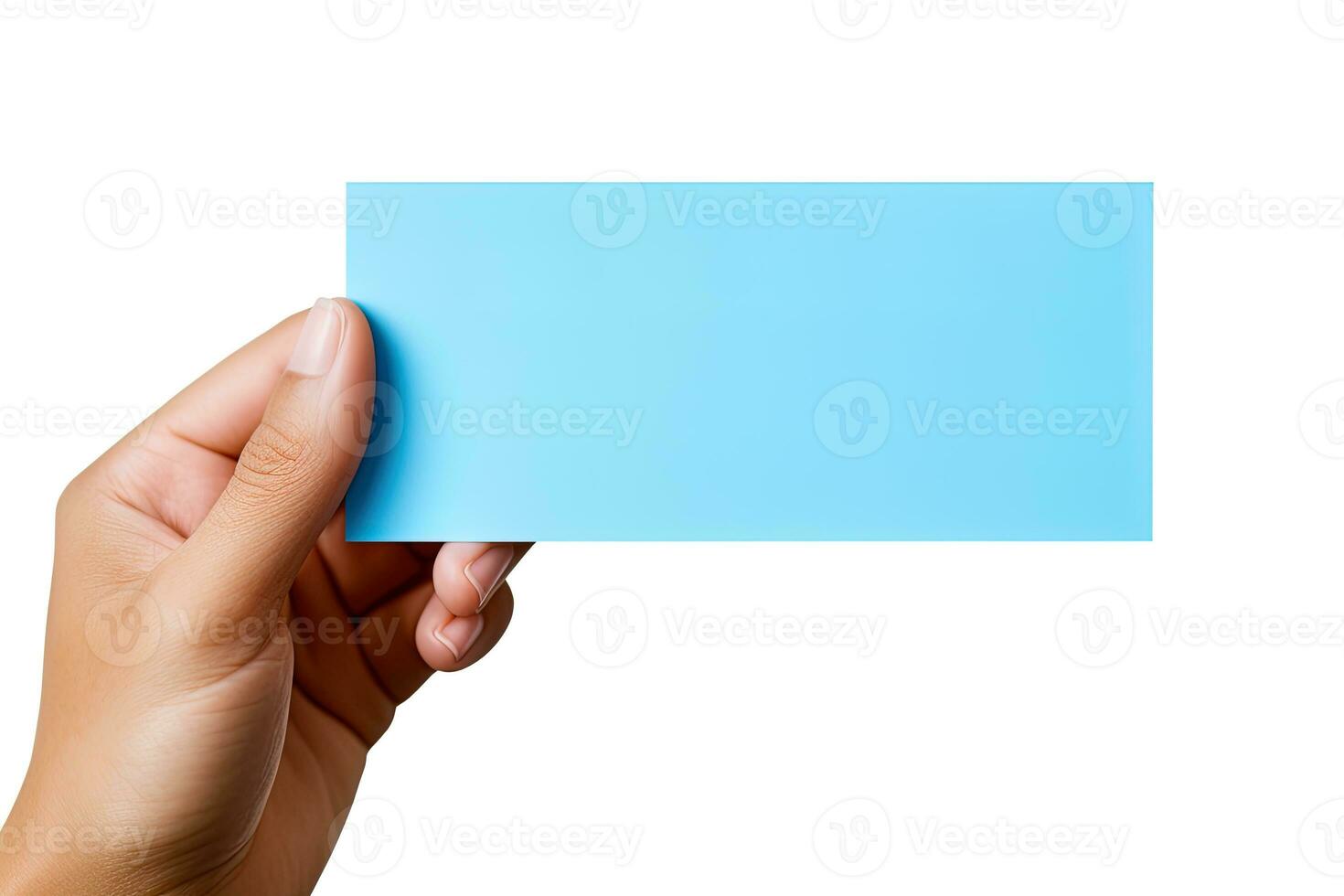 A human hand holding a blank sheet of blue paper or card isolated on white background. ai generated photo