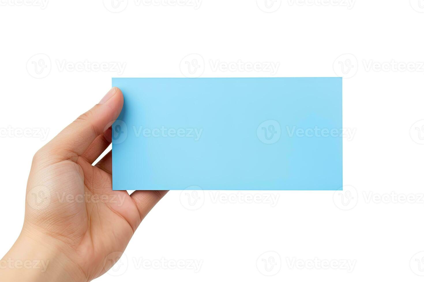 A human hand holding a blank sheet of blue paper or card isolated on white background. ai generated photo