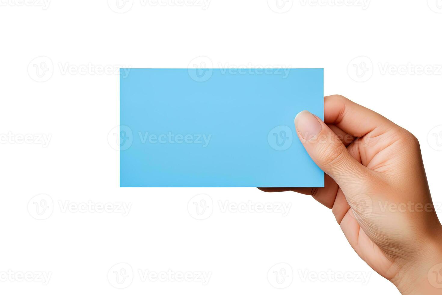 A human hand holding a blank sheet of blue paper or card isolated on white background. ai generated photo