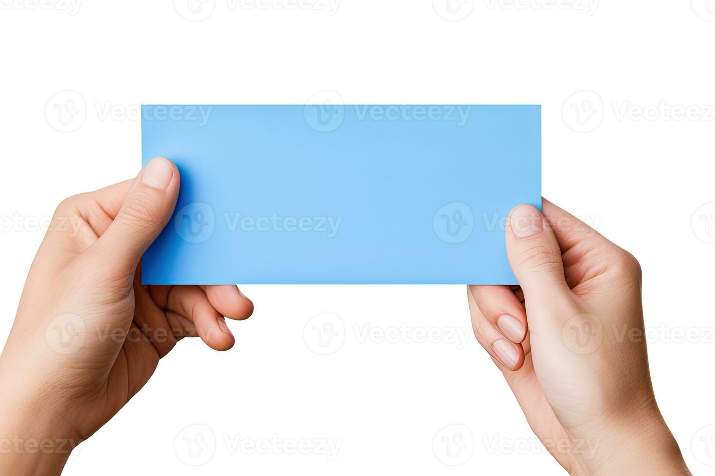 A human hand holding a blank sheet of blue paper or card isolated on white background. ai generated photo