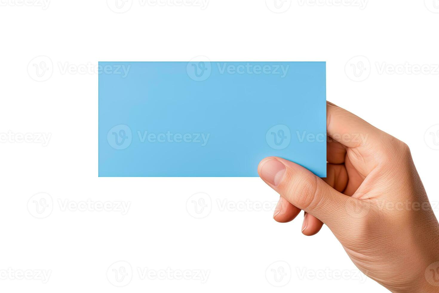 A human hand holding a blank sheet of blue paper or card isolated on white background. ai generated photo