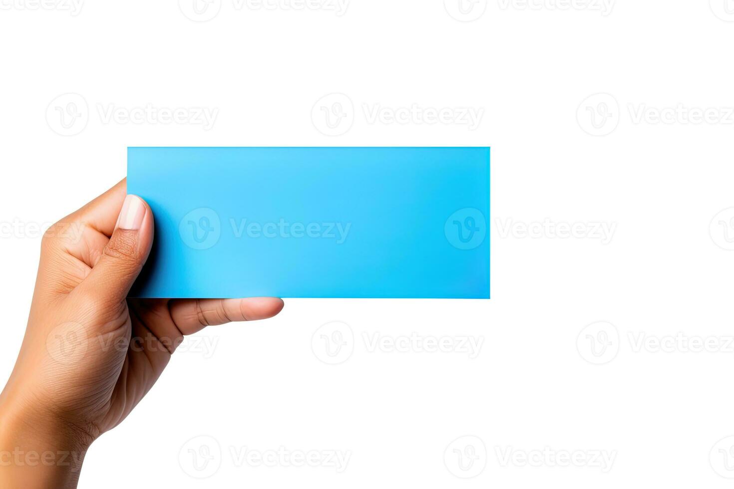 A human hand holding a blank sheet of blue paper or card isolated on white background. ai generated photo