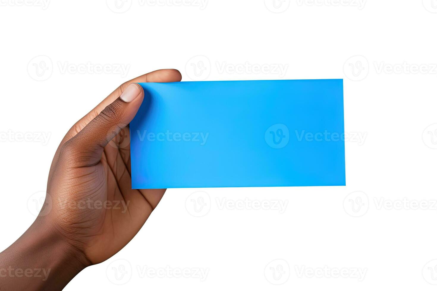A human hand holding a blank sheet of blue paper or card isolated on white background. ai generated photo