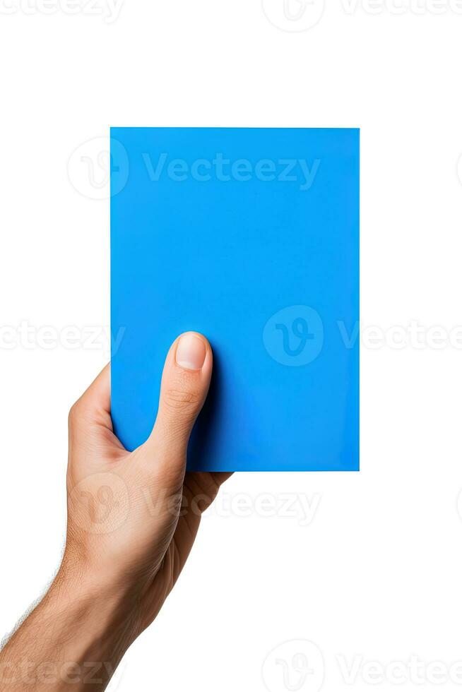 A human hand holding a blank sheet of blue paper or card isolated on white background. ai generated photo