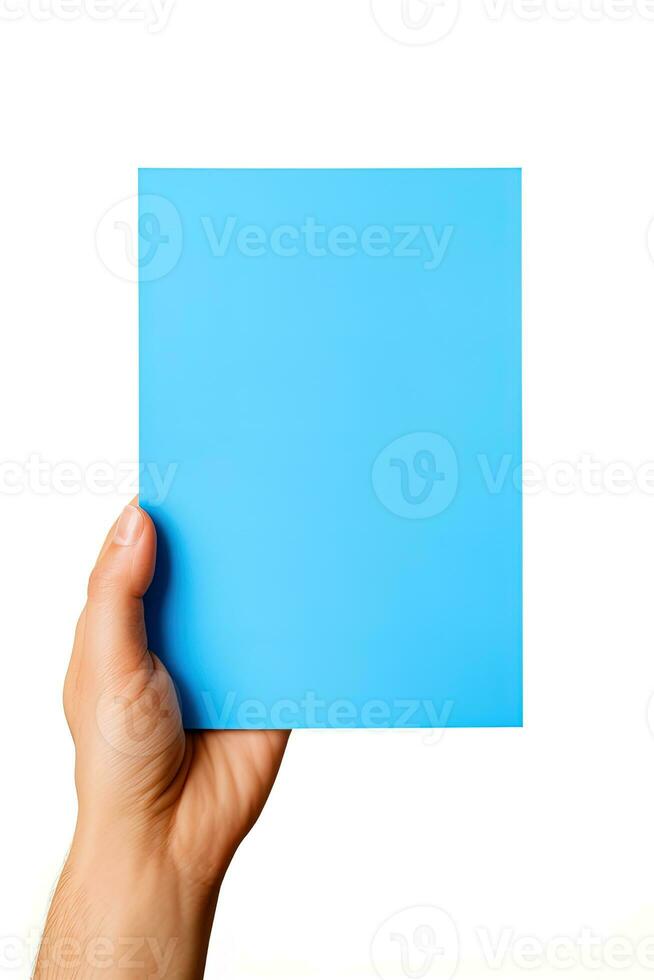 un humano mano participación un blanco sábana de azul papel o tarjeta aislado en blanco antecedentes. ai generado foto