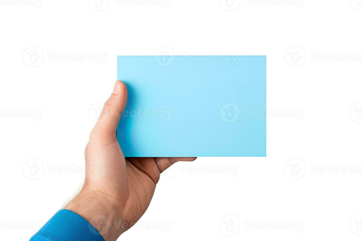 A human hand holding a blank sheet of blue paper or card isolated on white background. ai generated photo