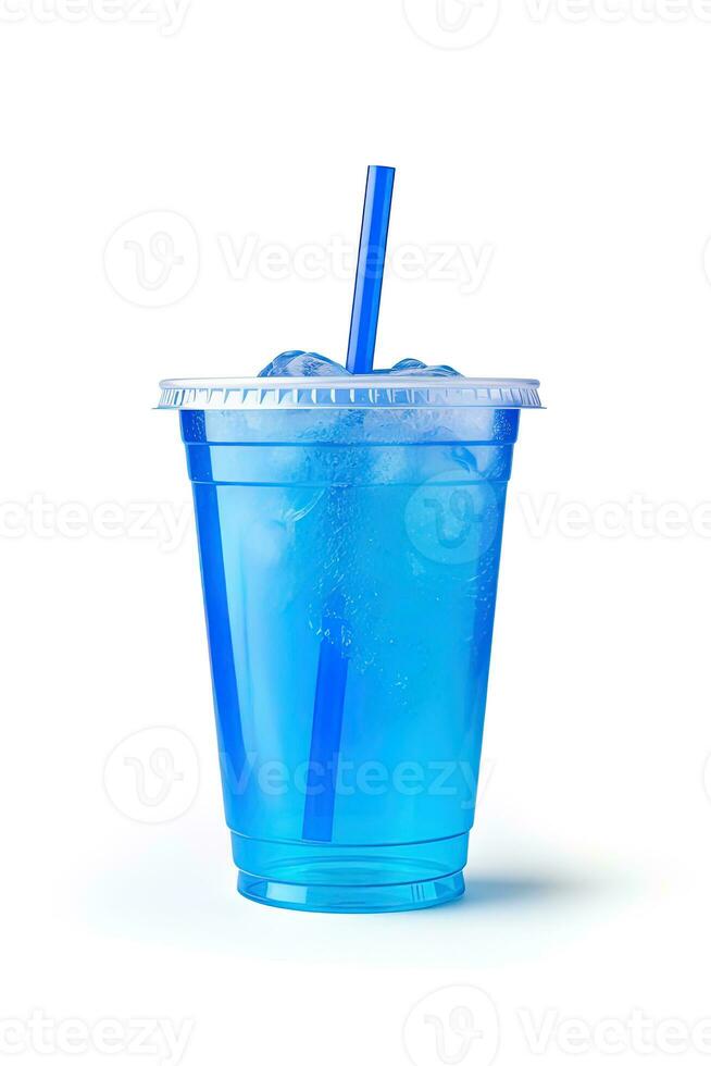 Blue drink in a plastic cup isolated on a white background. Take away drinks concept. ai generated photo