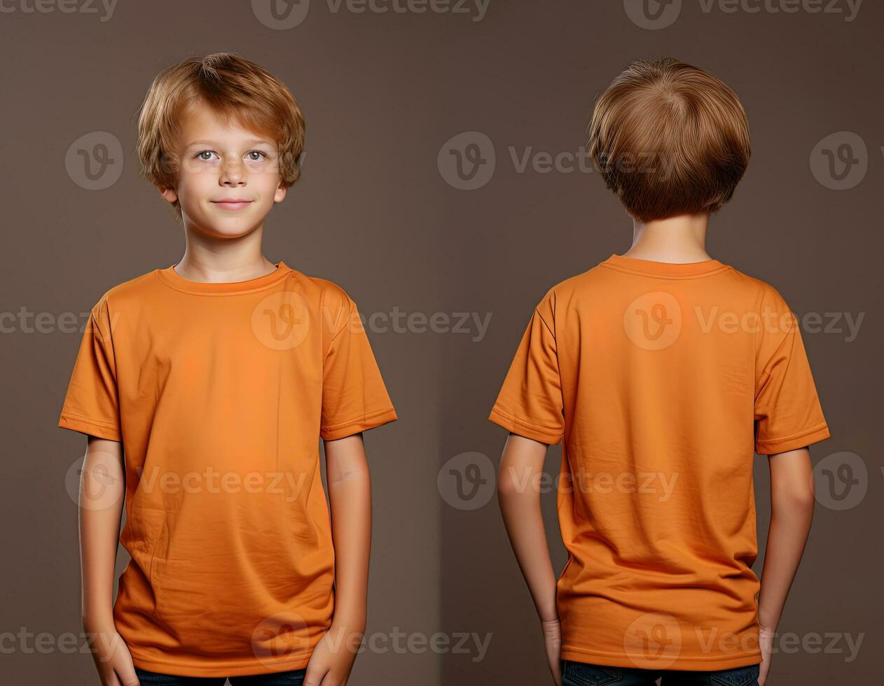 Front and back views of a little boy wearing an orange T-shirt. ai generated photo