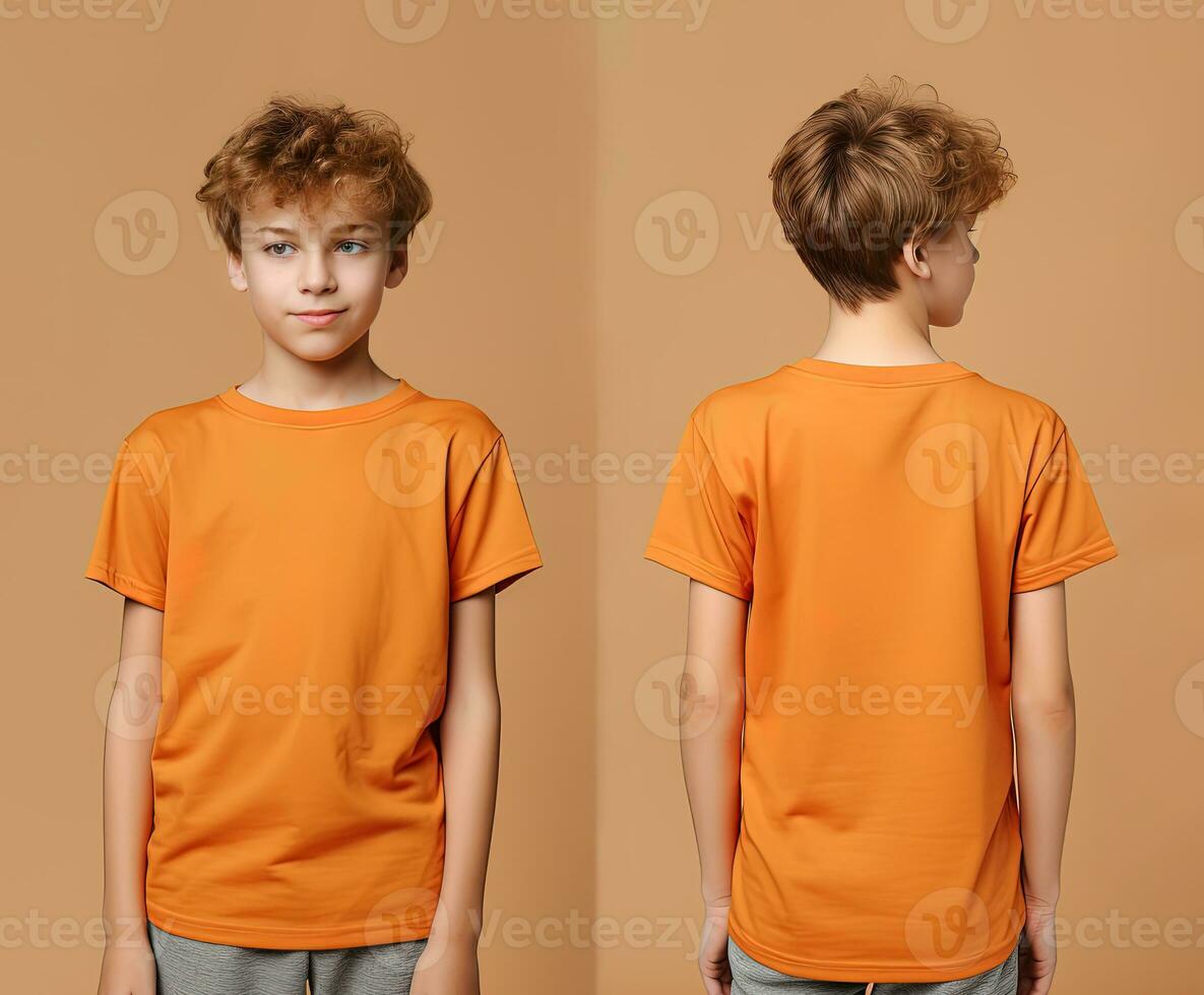 Front and back views of a little boy wearing an orange T-shirt. ai generated photo