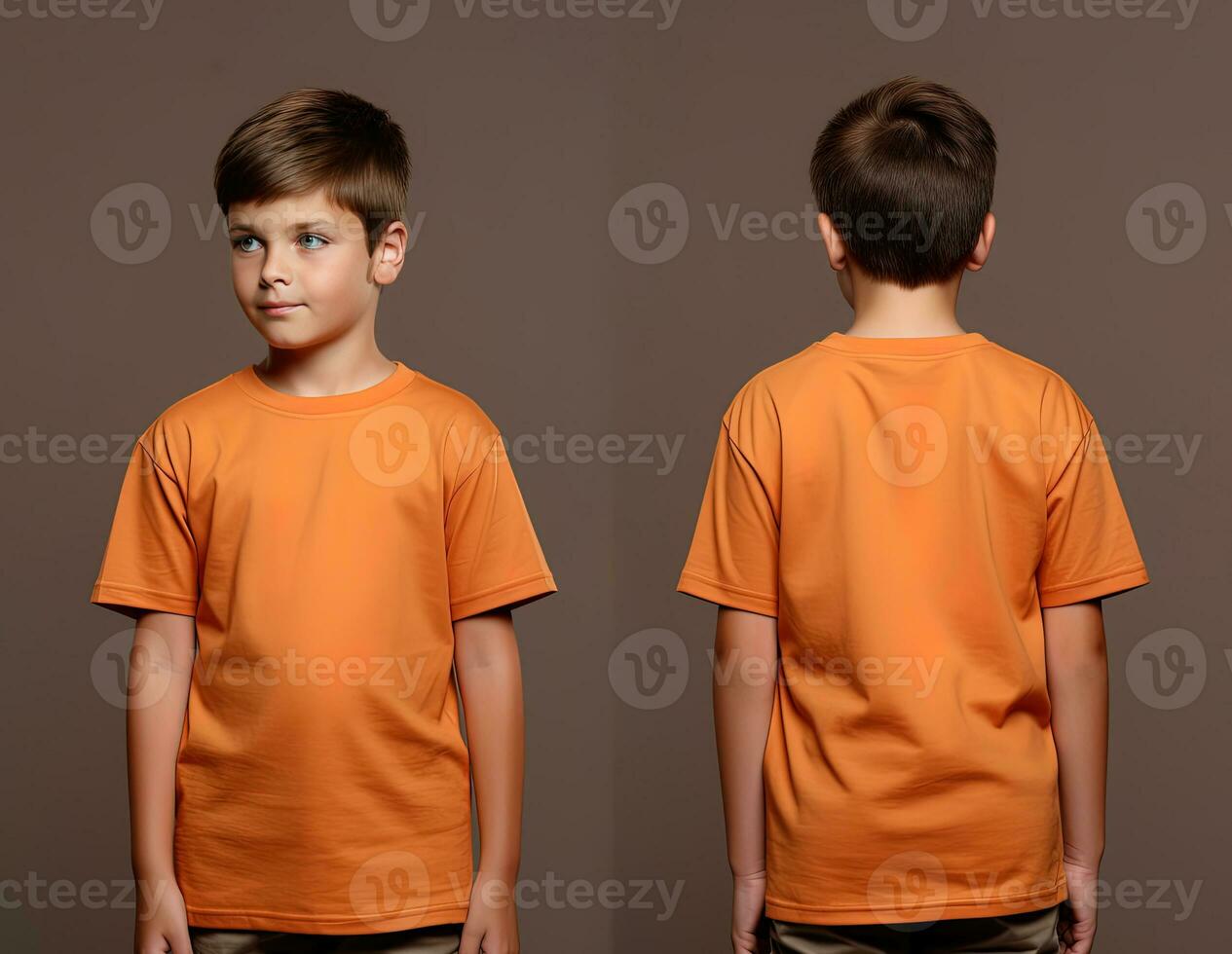 Front and back views of a little boy wearing an orange T-shirt. ai generated photo