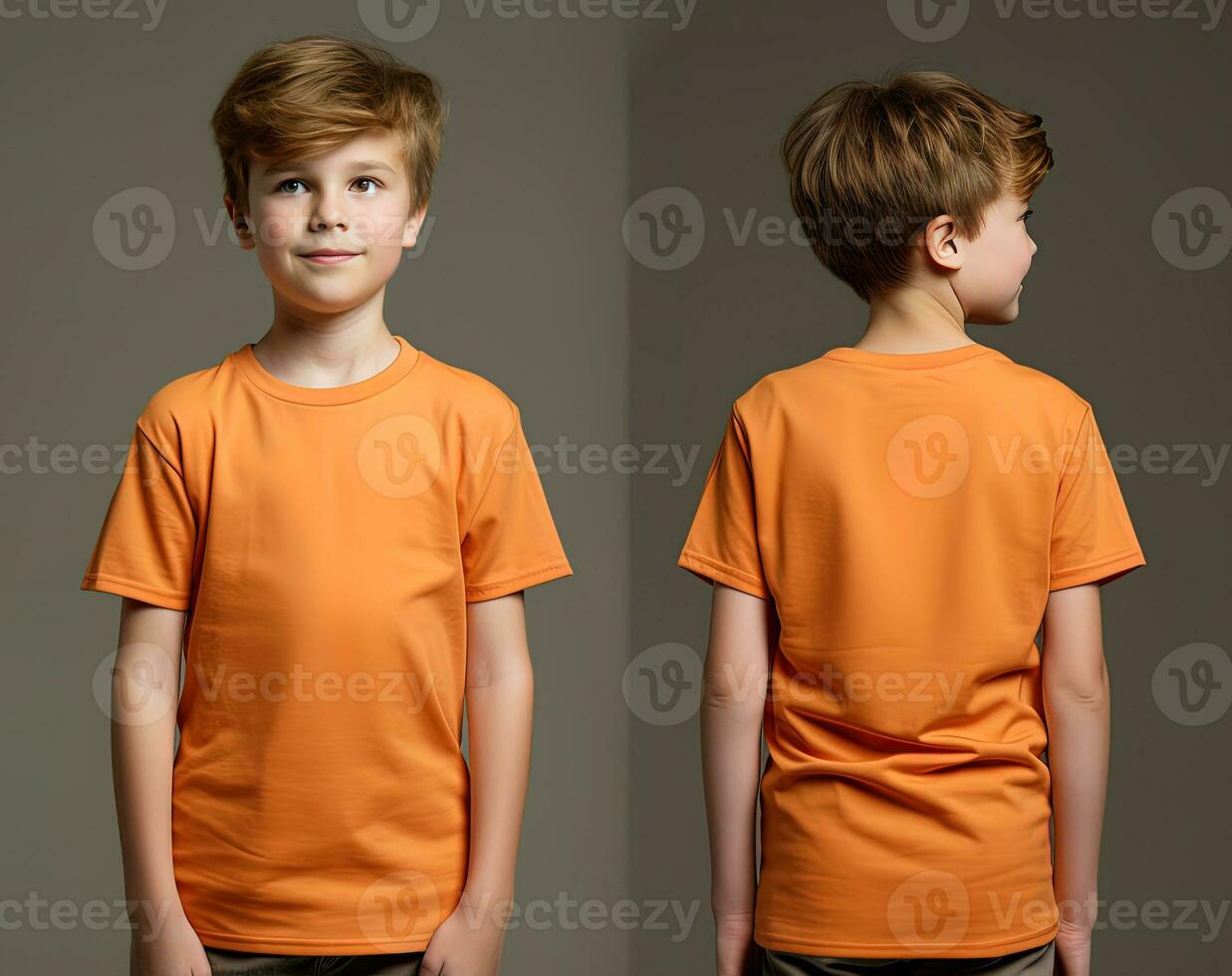 Front and back views of a little boy wearing an orange T-shirt. ai generated photo