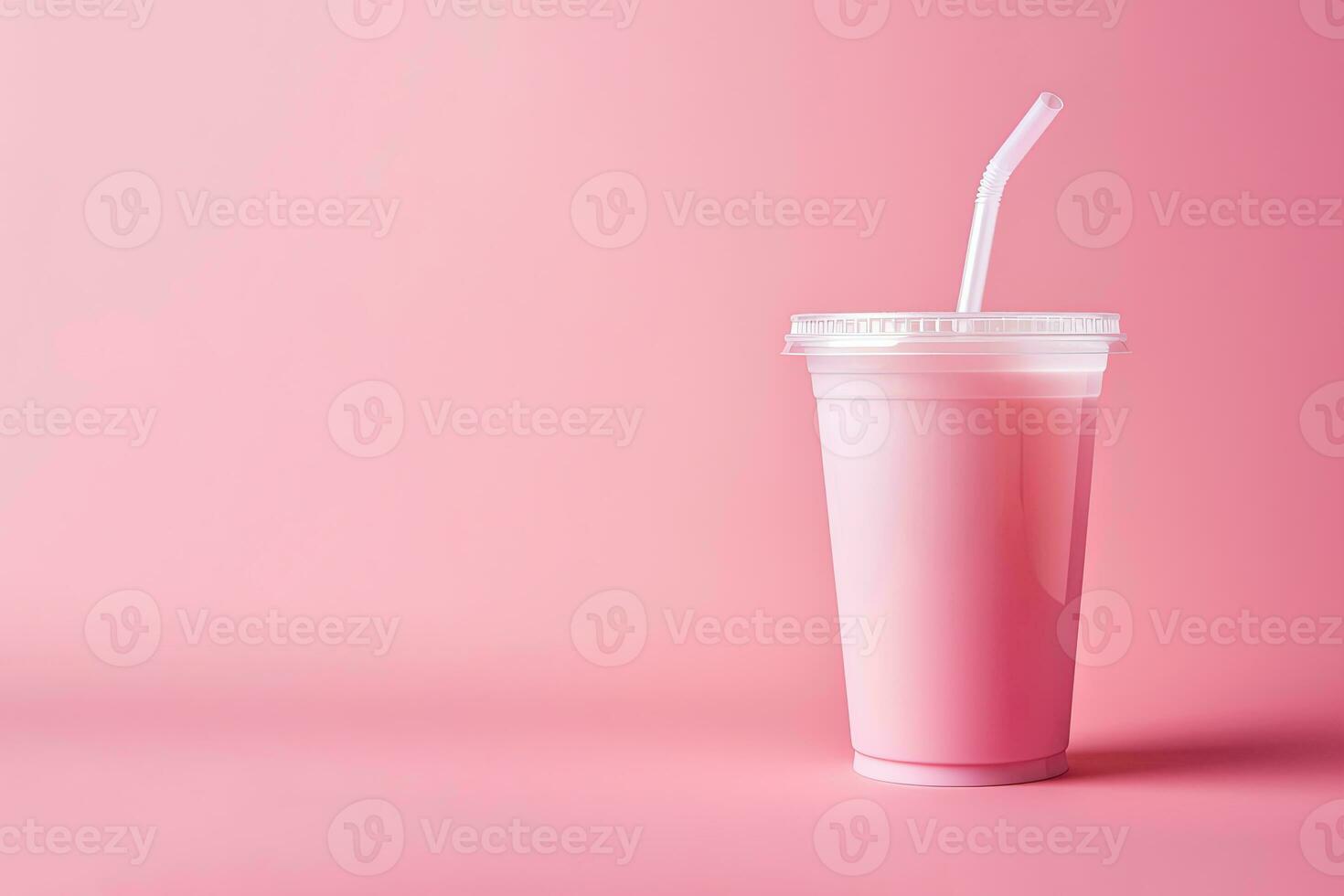 Pink drink in plastic cup isolated on pink background. Take away drinks concept with copy space. ai generated photo