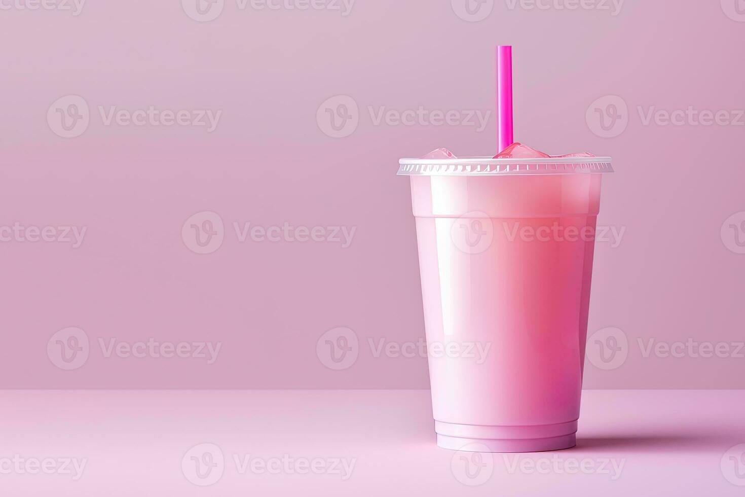 rosado bebida en el plastico taza aislado en rosado antecedentes. tomar lejos bebidas concepto con Copiar espacio. ai generado foto