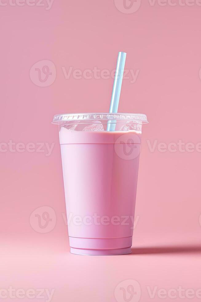 rosado bebida en el plastico taza aislado en rosado antecedentes. tomar lejos bebidas concepto. ai generado foto