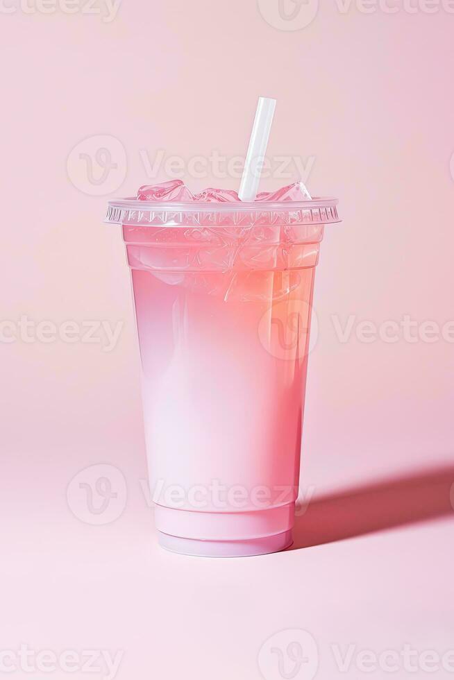 rosado bebida en el plastico taza aislado en rosado antecedentes. tomar lejos bebidas concepto. ai generado foto