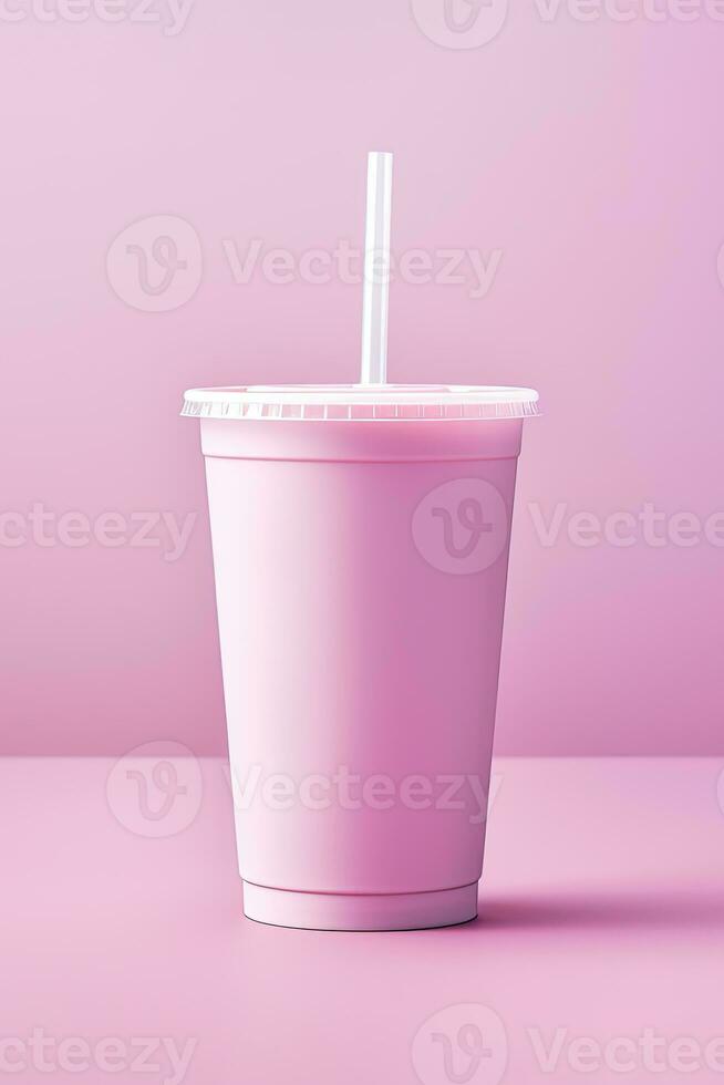 rosado bebida en el plastico taza aislado en rosado antecedentes. tomar lejos bebidas concepto. ai generado foto
