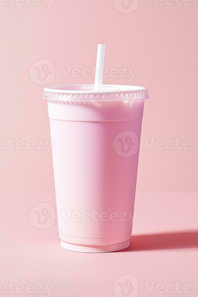 rosado bebida en el plastico taza aislado en rosado antecedentes. tomar lejos bebidas concepto. ai generado foto