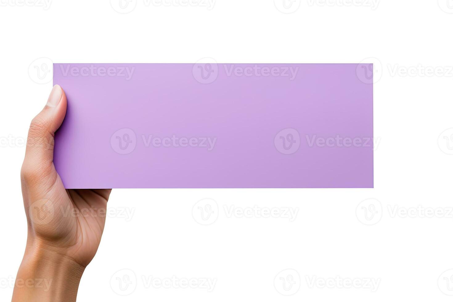 A human hand holding a blank sheet of purple paper or card isolated on a white background. ai generated photo